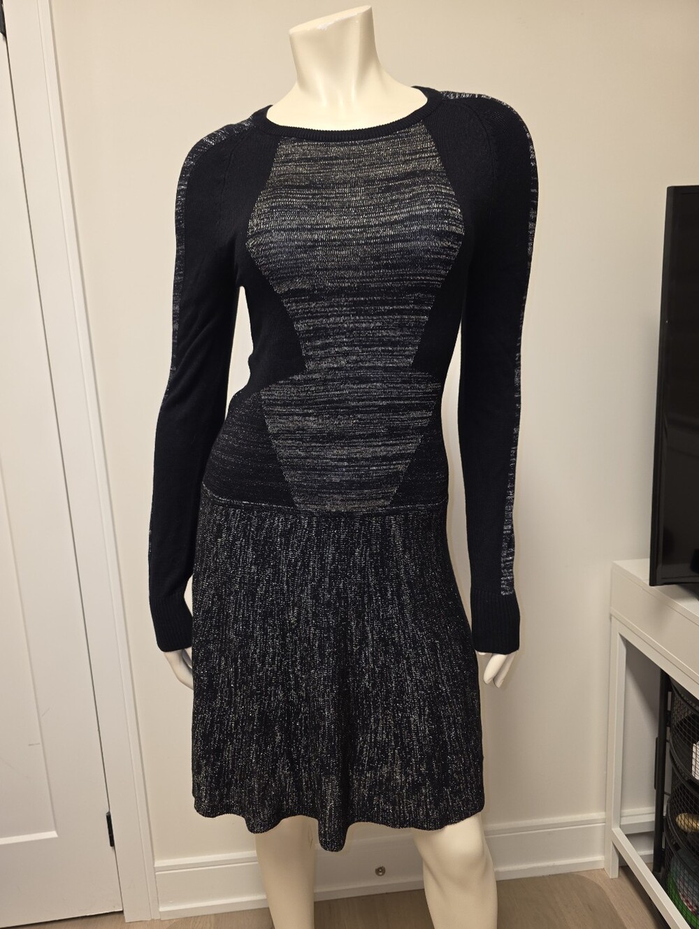 NWT BCBGMaxAzria Jennings Black Gold Silver Shimmering Long Sleeve Knit Dress S